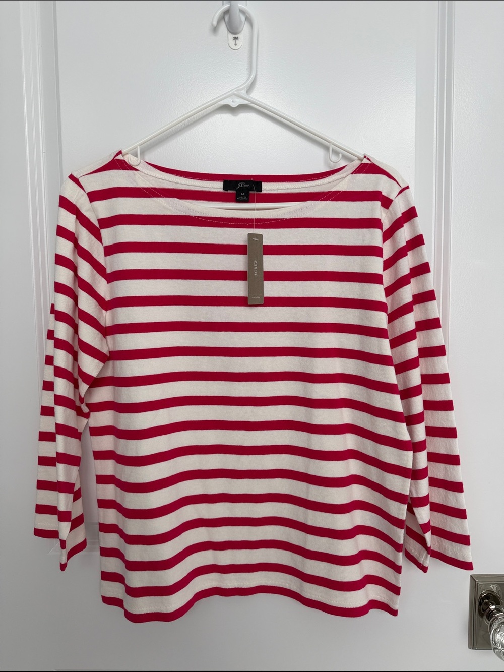 J. Crew Red and White Striped Boatneck Long Sleeve Top